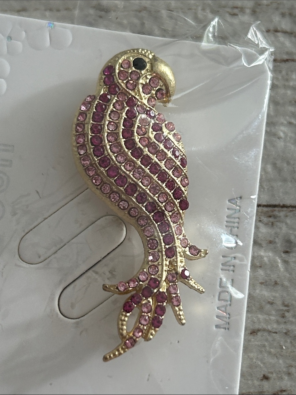5/$25 Gold Parrot Brooch with Pink Rhinestones